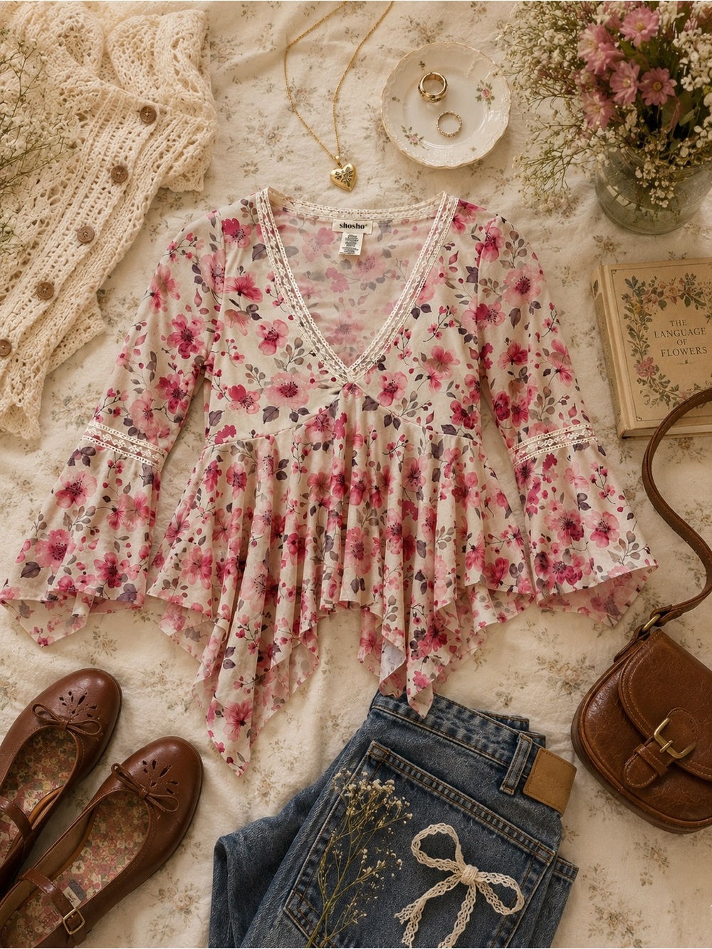 Shosho Floral Lace Top Size L Peplum Flowy Fairycore Y2K Dainty Romantic Blouse